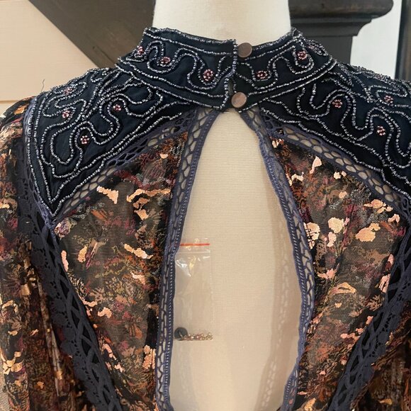 071 Free People Camille Embellished Beaded Foil Statement Top Blouse - Picture 9 of 14